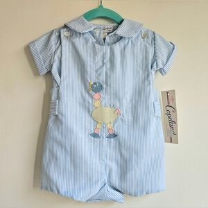 Vintage Jayne Copeland Boys Blue White Seersucker Romper Jon Jon Toy Duck 18m